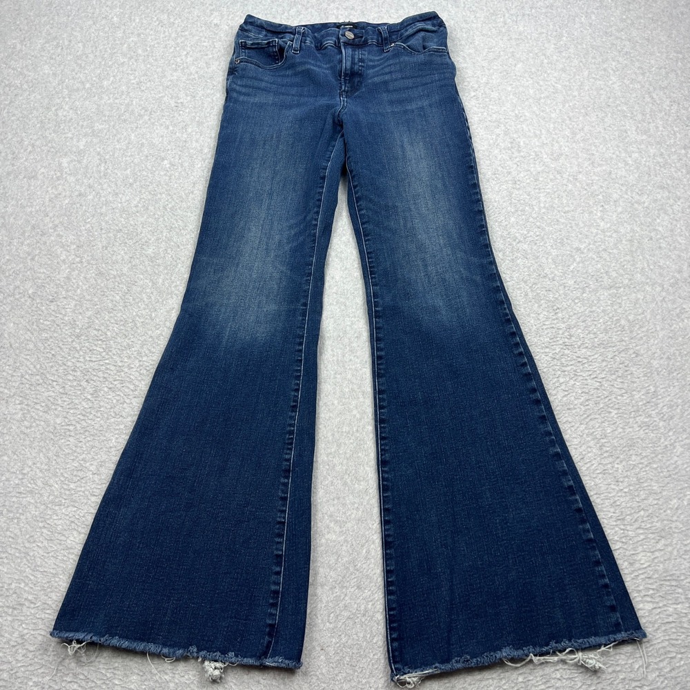 Express 70s Flare Jeans Womens Medium Dark Mid Rise Flexx Hyper Stretch Raw Hem